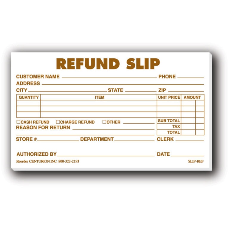 Refund Slip Form Centurion Store Supplies